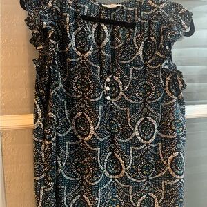 LOFT Black and Blue Ruffled Sleeveless Blouse